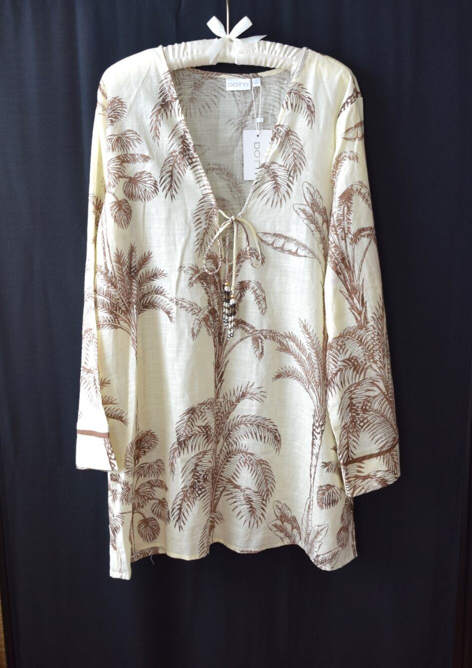 Dotti Cotton Tunic Top Tropical Palm Print Long Sleeve Beach Cover Up NWT Sz L